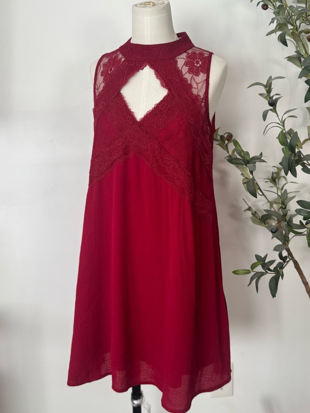 Altar’d State Red Lace Keyhole Shift Dress Size Small Boho Romantic Mini Dress